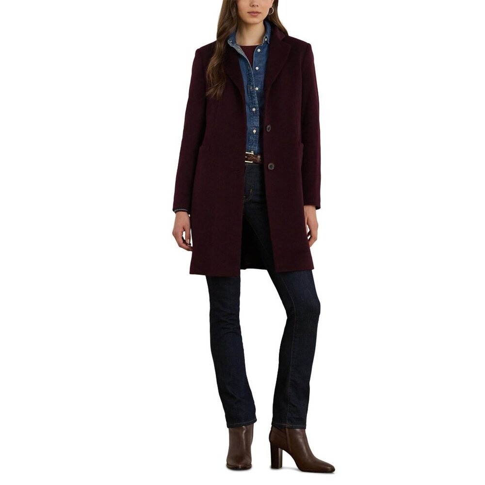 🆕RALPH LAUREN Longline Reefer Coat Wool Blend Wine Burgundy 10 - Picture 2 of 11